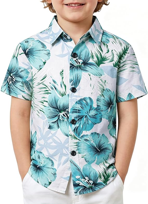 JOGAL Boys Floral Hawaiian Shirt Short Sleeve Casual Button Down Shirts