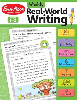 Evan-Moor Weekly Real-World Writing, Grades 1-2 Homeschooling & Classroom Resource, Reproducible Worksheets, Thank You Notes, Internet Search, Emails, ... Web Pages, Journal, Hands-on Activities Paperback Teacher's Edition, January 1, 2022
