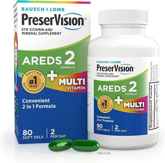 PreserVision AREDS 2 + Multivitamin Eye Vitamins, 2-in-1, 80 Softgels | AREDS 2 eye health supplement, lutein, zeaxanthin, zinc, vitamins C D E, macular support*, #1 eye doctor recommended brand1