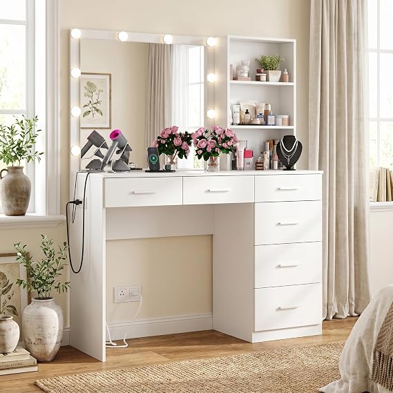 Gyfimoie 39 Inches White Vanity Desk with Lights, 6-Drawers Makeup Vanity Table with Power Strip and Storage Shelves, Dressing Table with Lighted Mirror for Women Girls