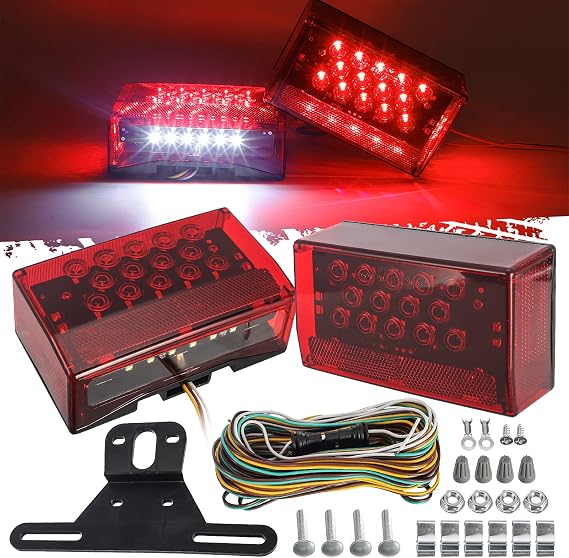 Partsam 6" Rectangular LED Combination Tail Lights Kit Red, 12V LED Submersible Sealed Rectangular Boat Trailer Stop Turn Tail License Plate Brake Running Light Kit w/25ft Wiring Harness 4Pin+Bracket