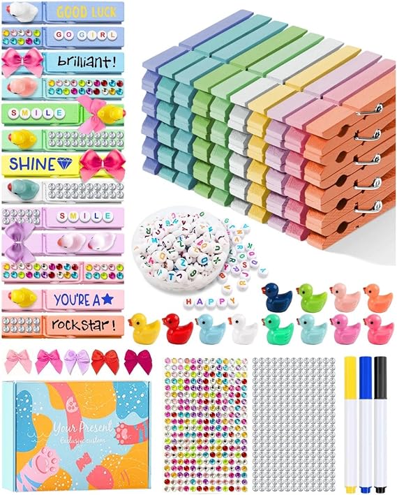 Cheer Pins for Backpack Cheer Stuff Kit 50 Macaron Colored Clothes Pins with Mini Resin Ducks Bows Letter Beads Team Cheerleaders Gifts Bulk Pin Me Ribbon for Bag Decorations Competition Spirit Clips