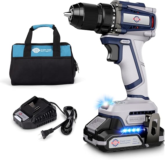 Brushless Cordless Drill Set, 70N.m (620 in-lb), 3/8" Keyless Metal Chuck, | 20V Power Drill Driver Kit with 2.0Ah Battery and Charger, 2-Variable Speed, 21 Position Compact Drill for Home
