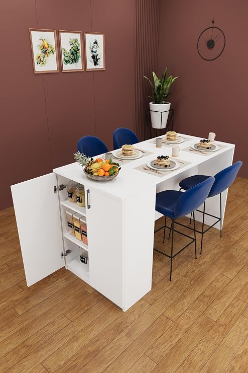 ASRA TREND Beyaz MA-04 Dolaplı Mutfak Adası 2 Kapaklı Depolama Alanlı Çok Amaçlı Bar Masası Yemek Masası%100 MDFLAM Modern Mutfak Hazırlık Tezgahı