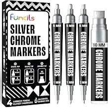 Liquid Chrome Marker - 4 Silver Chrome Paint Pen (1mm, 3mm, 5mm, 10mm) | Reflective, Mirror Effect Metallic Paint Markers for Metal, Plastic, Glass, Resin Art, Model Touch Up - Oil Markers