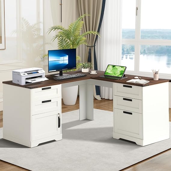 60" Farmhouse L Shaped Executive Desk with Power Outlets, Drawers | Home Office Corner Computer Desk with Lockable Storage File Cabinet, Wood Standing Writing Desk for Work Study, White