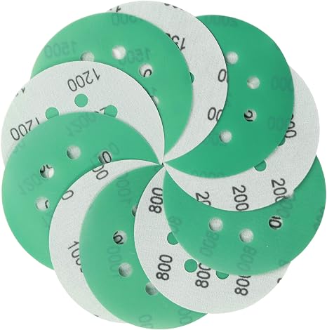 5 Inch Sanding Discs Hook and Loop 8 Holes 24 pc Green Film Sanding Discs, 800 1000 1200 1500 2000 Grit Wet Dry Superfine Sand Paper Disc, Orbital Sander Sandpaper with Tack Cloth by S&F STEAD & FAST