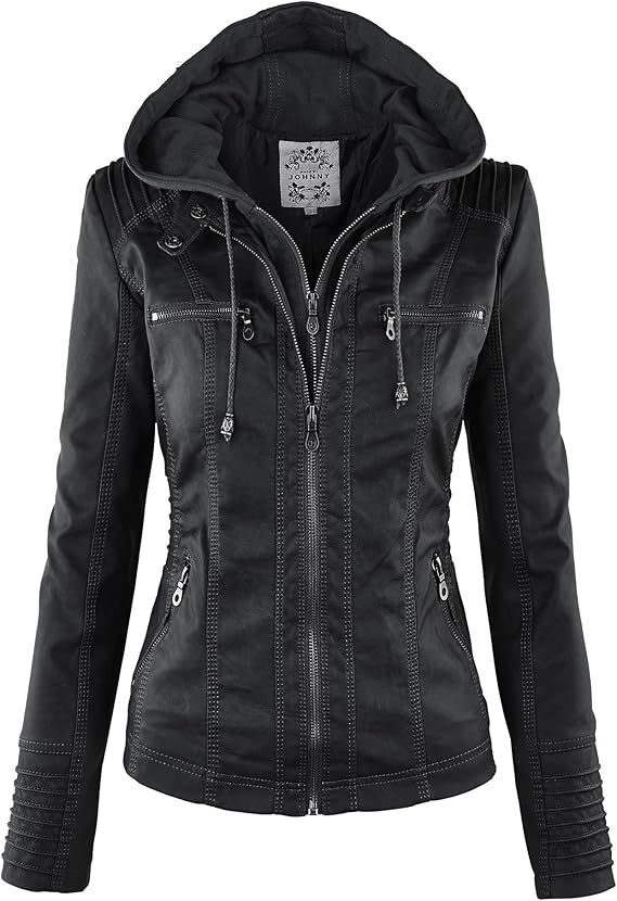Made By Johnny Faux Leather Jacket Women Motorcycle Coat for Biker with Removable Hood