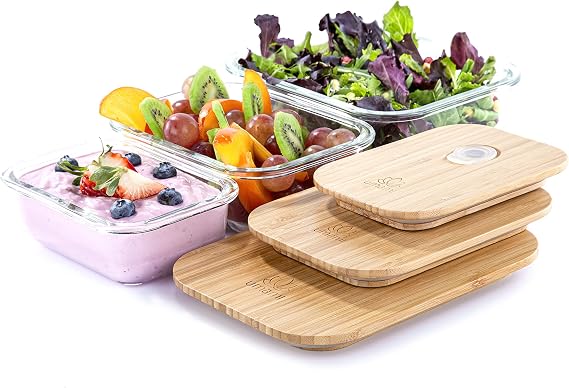 Umami Glass & Bamboo Meal Prep Container Set, 68 oz, Clear, Unisex, Microwave & Dishwasher Safe, Leakproof, Plastic-Free, Stylish, Easy to Clean