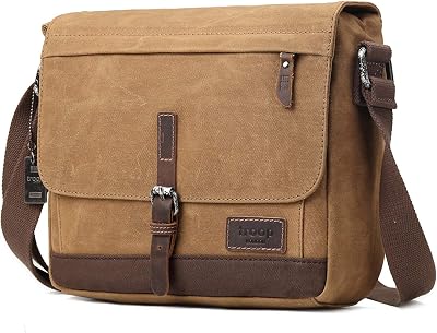 Troop London Heritage Canvas Leather Messenger Bag, Travel Bag, Tablet Friendly TRP0443 Camel