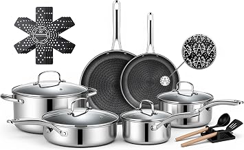 Ammeloo 17 Pcs Nonstick Stainless Steel Cookware Set, Hybrid Stainless Steel Pots and Pans Set Non Stick, Non Toxic Kitchen Cookware Sets, Dishwasher & Oven Safe, Induction & All Cooktop Compatible