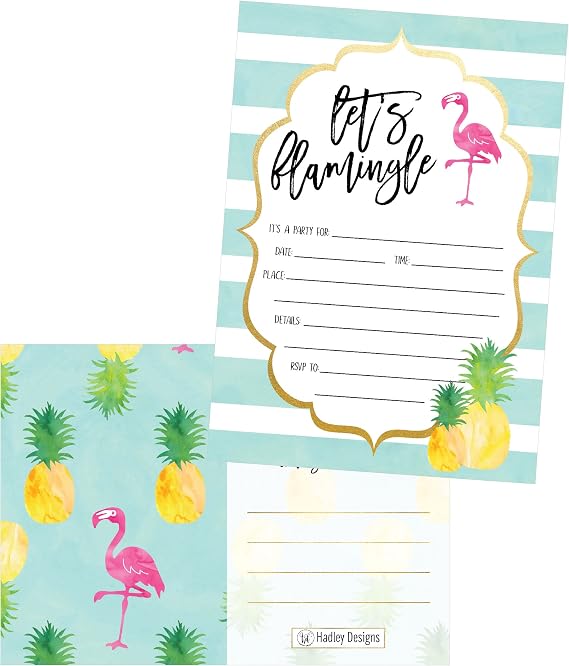 25 Flamingo Party Invitations for Kids, Teens, Adults, Boys & Girls, Blank Children Happy 1st Birthday Invitation Cards, Unique Baby First Bday Invites, Toddler 1 2 3 Year Old rsvp Invites Fill In