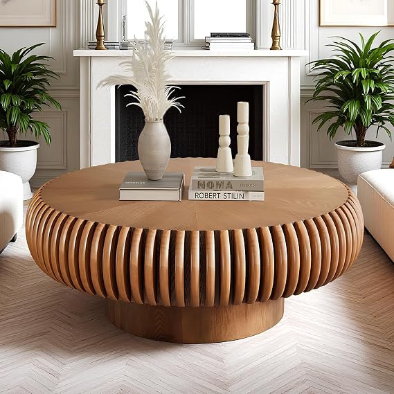 Fluted Round Coffee Table for Living Room 39.37" Modern Drum Coffee Table