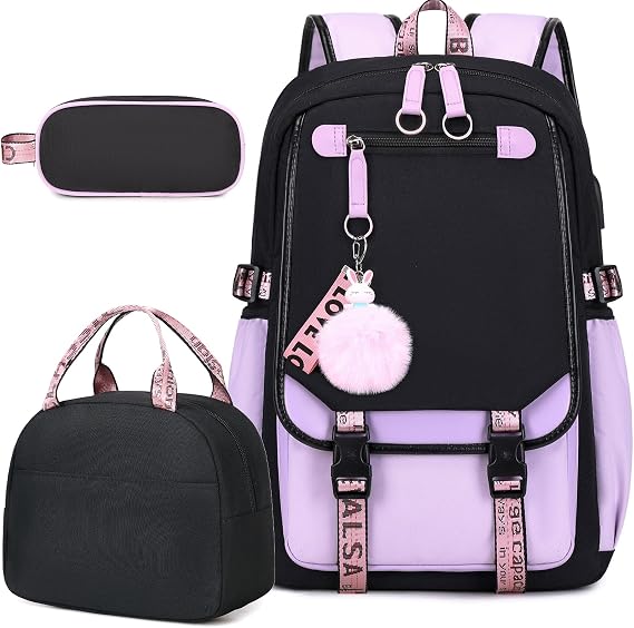 Bevalsa Backpack with Lunch Bag Bookbag Set for Girls Kids Middle High School College Student 21L Casual Daypack Children Schoolbag Bookbag with USB Charging Port | Bookbag for Teen Girls Kids Elementary Middle High School Students 21L Children Schoolbag