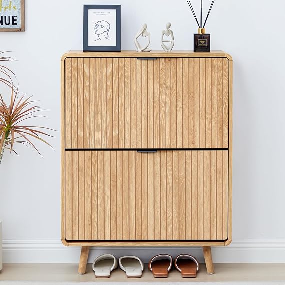 FurSch Fluted Shoe Cabinet Storage for Entryway,Slim Shoe Cabinet with 2 Flip Drawers, Narrow Shoes Rack Organizer (All Natural, 2 Drawers)