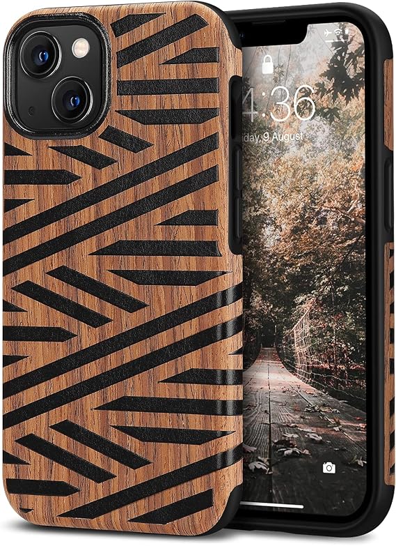 Tasikar Case Compatible with iPhone 13 mini Case, Wood Grain with Leather Design Hybrid Protective Phone Case Cover Compatible for iPhone 13 mini 5.4" 2021 (Wood & Leather)