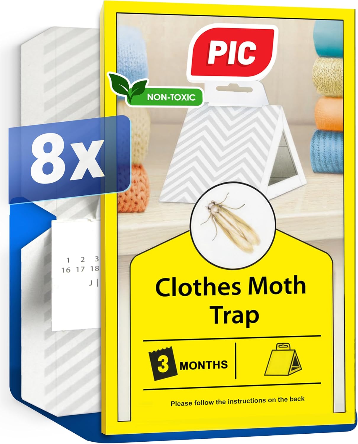 PIC Clothes Moth Trap – 8x Sticky Pheromone Moth Traps for Wardrobes – Textile Sticky Pads for Detecting Cloth Moths