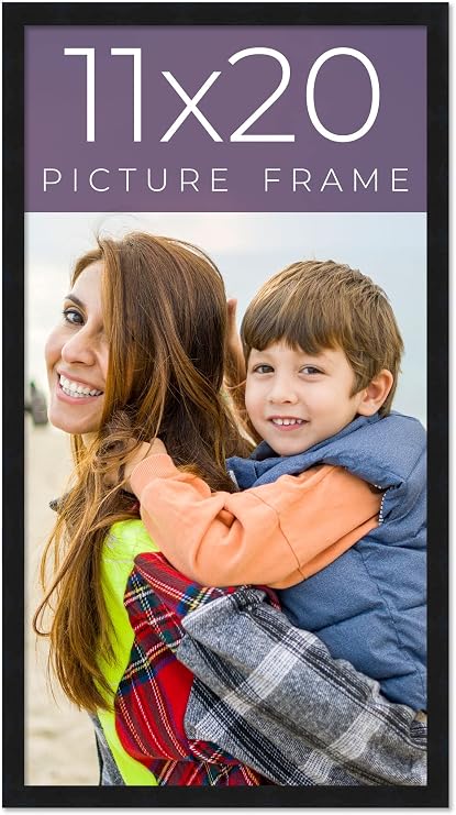 11x20 Frame Black Real Wood Picture Frame Width 0.75 Inches | Interior Frame Depth 0.5 Inches | Black Mid Century Photo Frame Complete with UV Acrylic, Foam Board Backing & Hanging Hardware