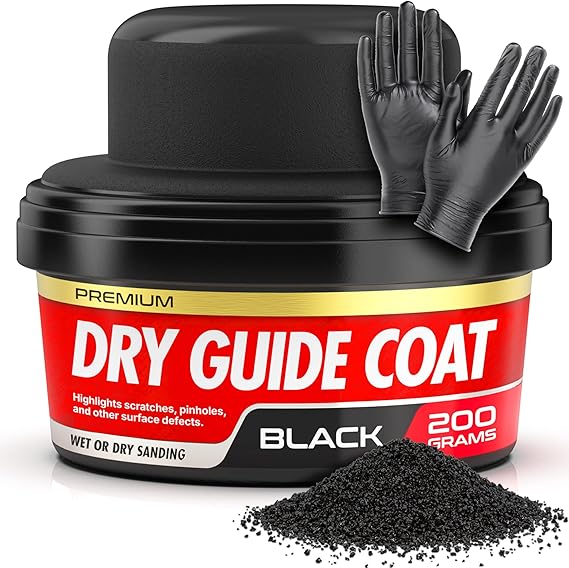 Dry Guide Coat Powder - Highlights Scratches, Pinholes, Low Spots & Other Defects, Extra Large Black Powder Coat for Wet & Dry Auto Body Sanding - Guide Coat Auto Body w/Nitrile Gloves 200g