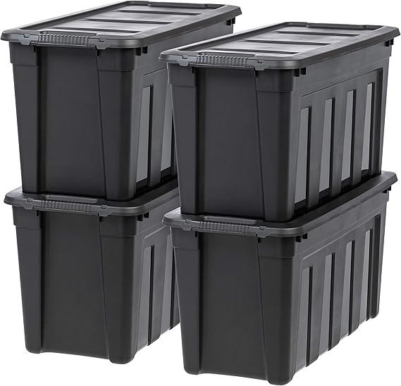 IRIS USA 4-Pack 31 Gal Heavy Duty Storage Totes with Lids, Black | High-capacity heavy-duty design with easy-grip handles, Ideal for moving, garage storage, camping equipment and organization
