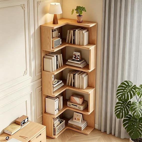 Enchantia 63.8" L Shaped Bookshelf, Small Bookcase with Open Shelf Units, Natural Oak Corner Bookshelf, Modern Style Corner Book Shelf for Home Office