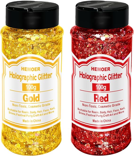 100g Gold Glitter+ 100g Red Glitter, Holographic Chunky Glitter Mixed Fine Glitter