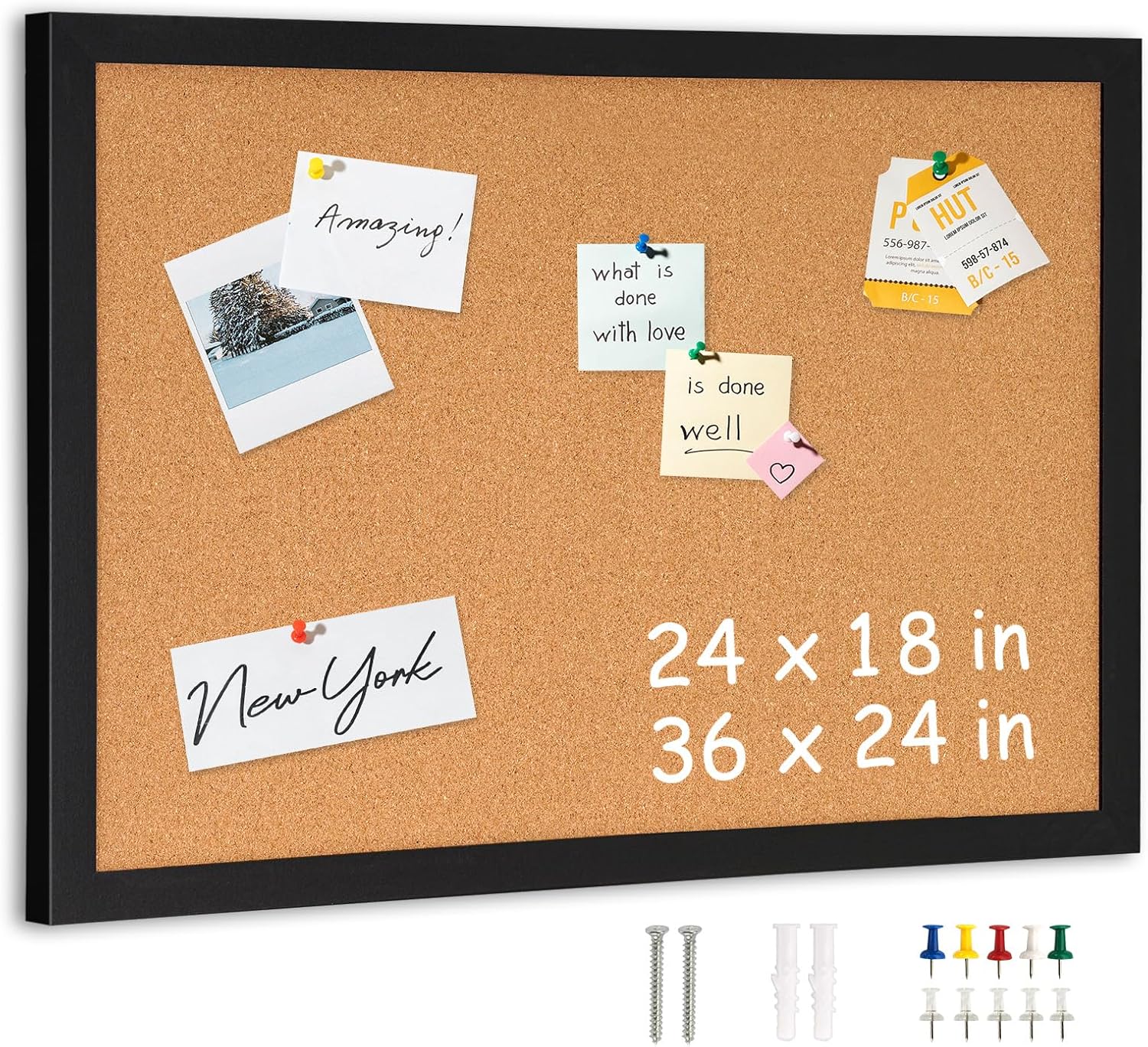 DOLLAR BOSS Cork Board for Wall 24 x 18 Bulletin Board for Wall with Black Wood Frame, Picture Display Pin Broad Vision Board for Office Home School Room Decorative Hanging 10 Pushpins
