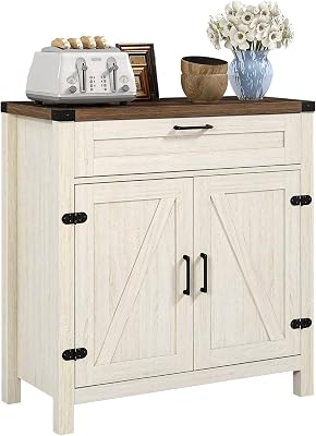 HOMCOM Sideboard with Storage Drawer, Modern Farmhouse Kitchen Cabinet with 2 Barn Doors, Coffee Bar Cabinet, Distressed White