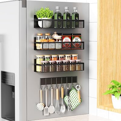 Giwil Magnetic Spice Rack for Refrigerator, 4 Pack Magnetic Shelf Fridge Spice Organizer with 8-Hook Rack, Movable Seasoning Organizer for Kitchen Organization and Storage, Black