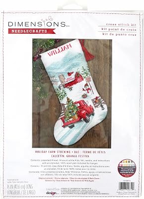 Dimensions 70-09619 Holiday Farm Stocking Counted Cross Stitch Kit, 16 Long, 14 Cnt. White Aida, 6 Pieces
