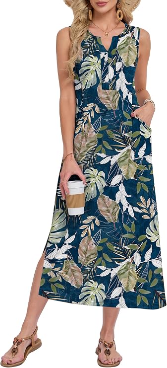 WNEEDU Women V Neck Wrinkle-Free Loose Side Slit Dress with Pockets | Sleeveless, Year-Round, Casual Midi Dress, Beach Vacation Outfits, Formal Workwear, Floral, Daily, Hawaiian Travel