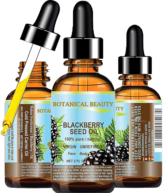 Botanical Beauty BLACKBERRY SEED OIL 100% Pure Natural Virgin Unrefined. Cold Pressed Undiluted Carrier Oil for Face, Skin, Body, Hair, Anti-Aging Face Oil (2 Fl Oz)