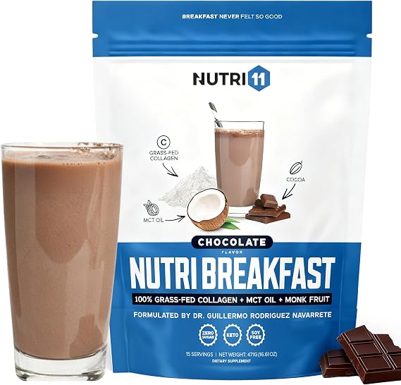 Nutri11 NutriBreakfast by Nutrillermo/Keto Protein Collagen Powder with MCT Oil/MCT Oil Powder/Keto Collagen Peptides with Grass-Fed Bovine Collagen Type I & III (15.9, Chocolate)