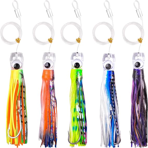 Saltwater Fishing Lures 6/9inch Trolling Lures for Marlin Mahi Tuna Dolphin Shark Big Game Deep Sea Fishing Baits Squid Skirts Rigged Hooks Ocean Gear Tackle