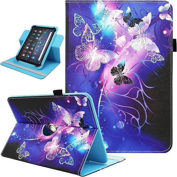 Universal 10 10.1 11 Inch Android Tablet Case, Nannxiebky 360 Degree Rotating Multi-Angle Viewing Stand PU Leather Cover for All 9.5" - 11.0" Tablet, Purple Butterfly