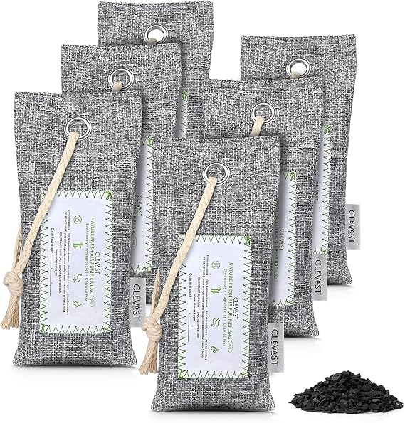 CLEVAST Activated Bamboo Charcoal Odor Absorber - 6 x 60g Air Purifying Bags Natural Fresh, Deodorizer and Moisture Eliminator for Home, Closet, Shoes, Car Air freshener, Grey