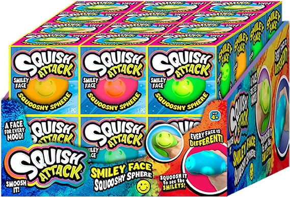 JA-RU Squish Attack Ball (24 Units Assorted) Squooshy Sphere with 6 Different Smiley Faces. Fidget Squishy Toy for Kids, Teen, Adult. Soft Stress Therapy, Squish and Stretch Party Favor. 5606-24