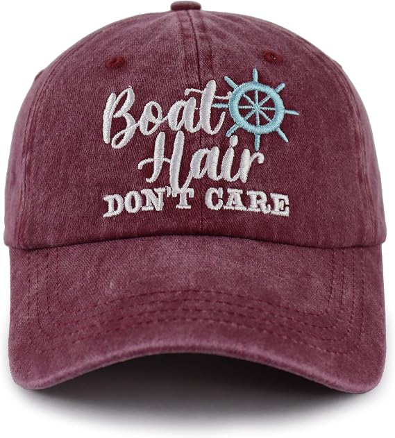 Boat Hair Don't Care Hats for Men Women, Adjustable Embroidered Cotton Washed Distressed Denim Fishing Baseball Cap