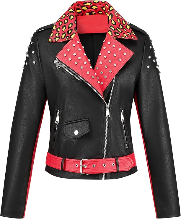 Bellivera Women's Faux Leather Color-Block Moto Zip Up Jacket