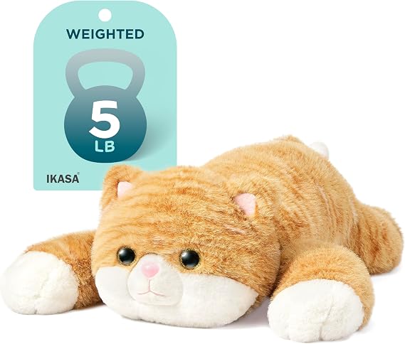IKASA 5lbs Weighted Stuffed Animal Orange Tabby Cat Plush, Heavy Plushie | Soft Fluffy Plush with Weighted Filling, Calming Comfort Companion for Relaxation, Gifts for Kids Adults