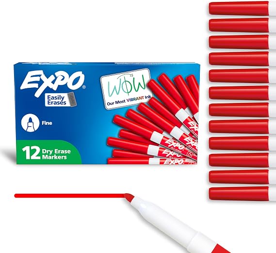 EXPO Dry Erase Markers, Low Odor Ink, Red, Fine Tip, 12 Count - Whiteboard, Calendar, Organization, Essential Supplies for Office, School, Classroom, Teachers