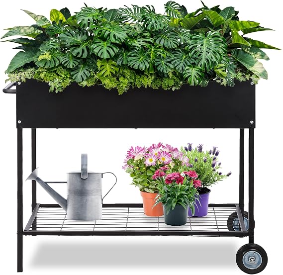 Raised Garden Bed Box with Wheels - Mobile Galvanized Steel Planter with Lower Shelf