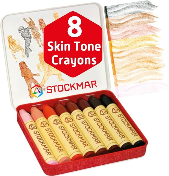 Stockmar Beewax Crayons Set of 8 Jumbo Sticks, Colors of the World - Skin Tone Crayons, Waldorf Art Supplies, in tin case