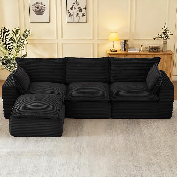 110" Cloud Sectional Couch for Living Room,Boneless Couches with Ottoman,Upholstered Modular Sectional Sofa with L Shaped (Black, 3 Seater + 1 Ottoman)