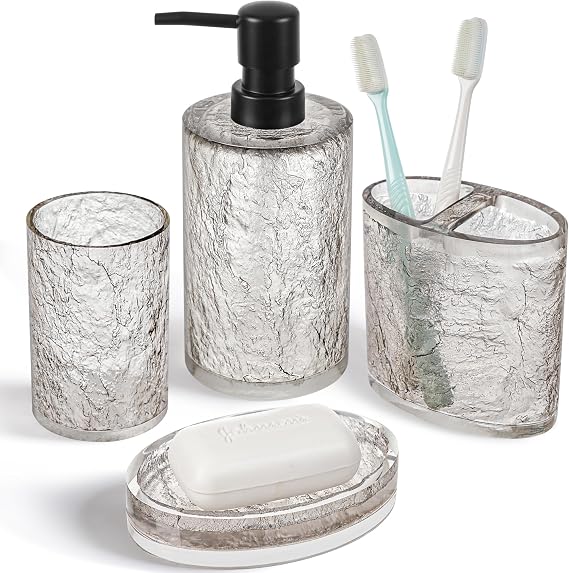 RQYIXI 4 PCS Resin Bathroom Accessories Set,Silver-Grey,Minimalist Luxury | Modern Elegance Shatterproof Bathroomset includes:Soap Dispenser, Toothbrush Holder, Tumbler, Soap Dish