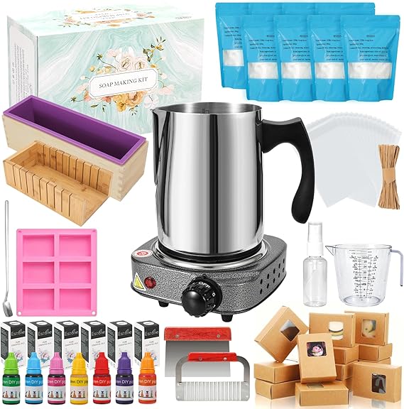 HSHIN Soap Making kit for soap Making, DIY soap Making kit Includes soap Melter, 4 lbs soap Base, Pigment Colors and Essential Oils, Silicone Bread Mold, Cutting kit, Gift Box Packaging