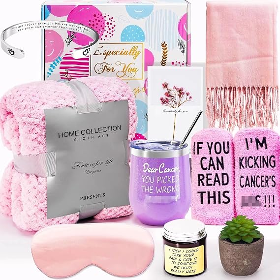 Breast Cancer Awareness Gift Basket - Chemo Survivor, Tumbler, Cancer Fighter Sock, Survivor Candle, Bracelet, Silk Sleep Mask (Purple)
