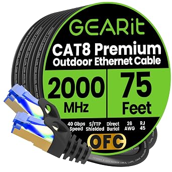 GEARit Cat8 RJ45 (75FT) Shielded Cable, 26AWG, 40Gbps 2000Mhz SFTP Patch Cord, Heavy Duty High Speed Cat8 LAN Network Ethernet Wire, in Wall, Outdoor, Weatherproof Rated for Router, Modem, Gaming