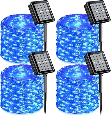 QITONG 4 Pack Solar Fairy Lights, Each 33ft 100 LED Blue Christmas String Light Outdoor Waterproof, 8 Modes Silver Wire Twinkle Mini Lights