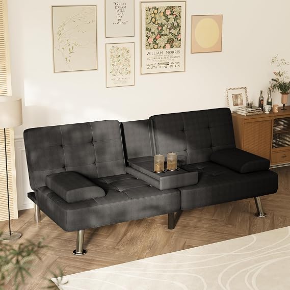 Homall Black Linen Futon Sofa Bed, Futon Couch for Living Room